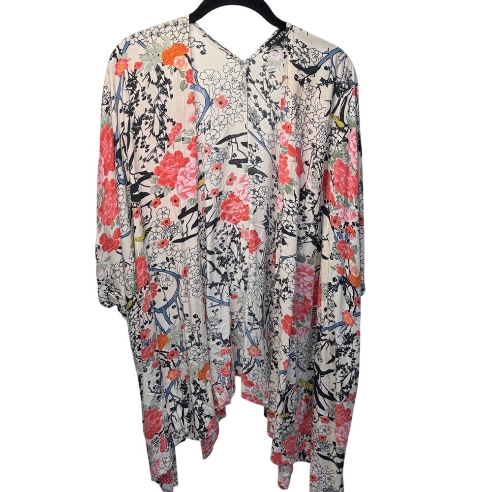 En Creme Womens 2X Floral Kimono Cardigan Chinoiserie Open Front Sharkbite Hem